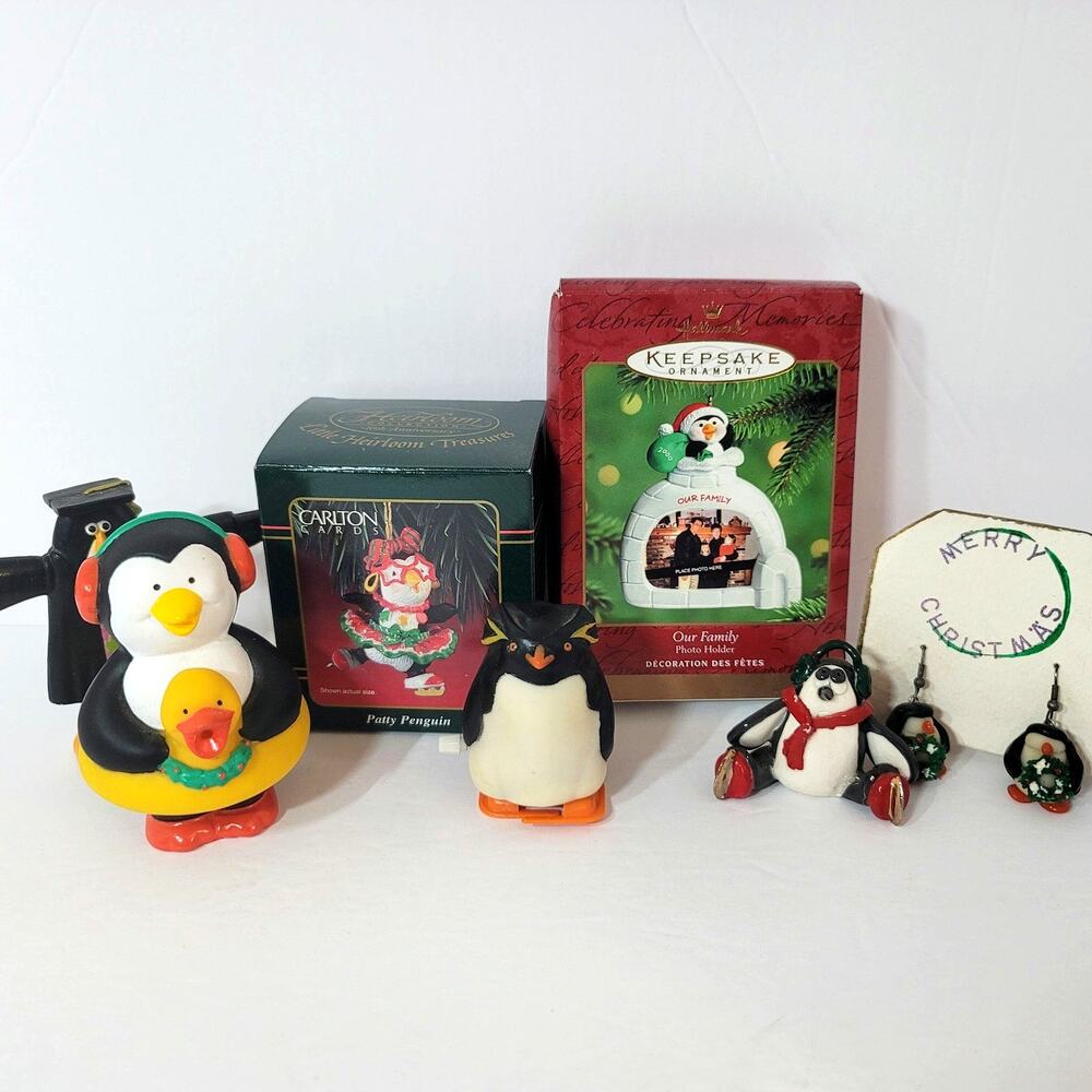 VTG Penguin Lot Ornaments Figurines‎ Earrings Christmas Variety Y2K Hallmark GUC